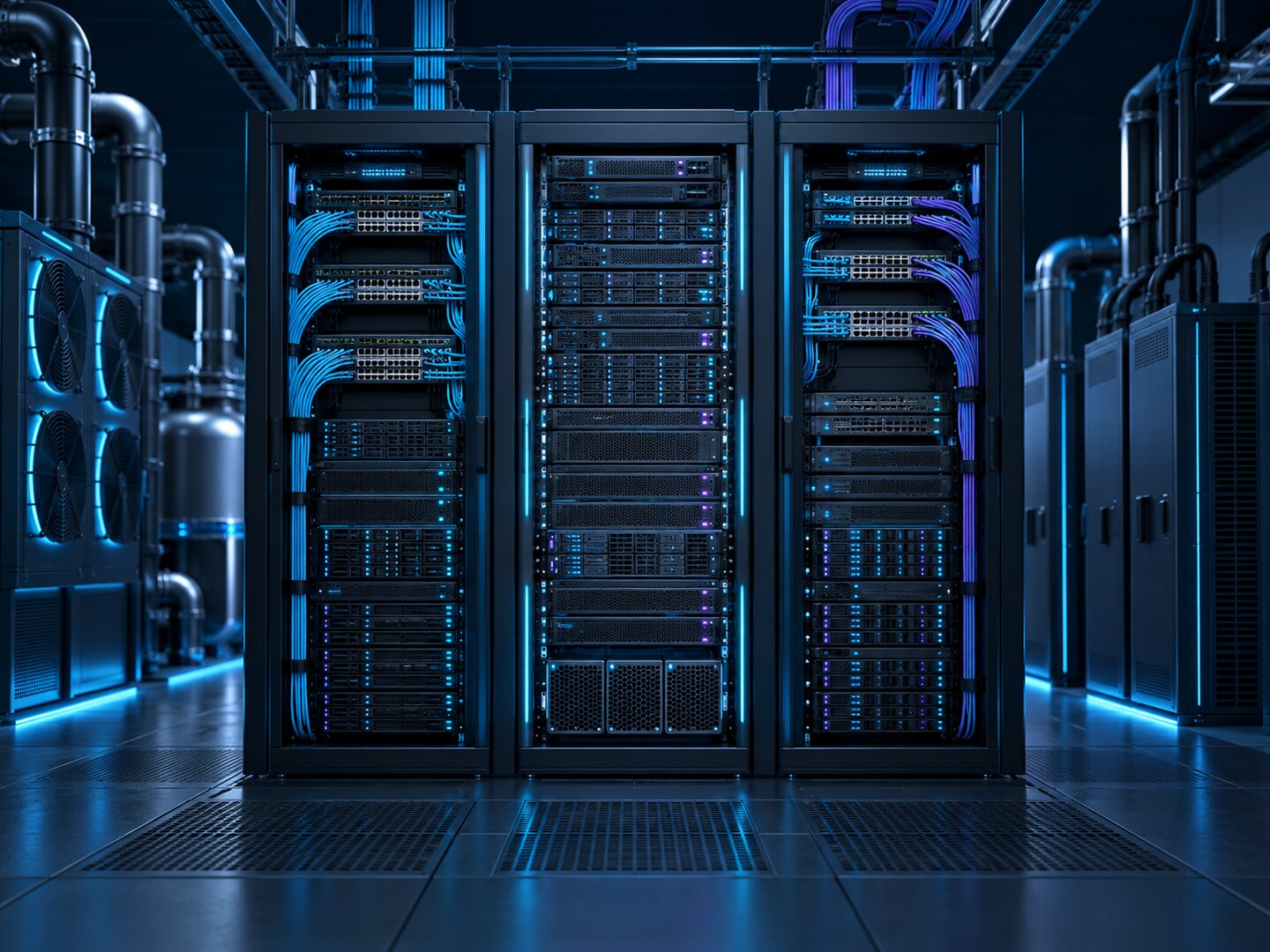 Conceptual illustration of unbranded server racks, network cabling, cooling, and power equipment